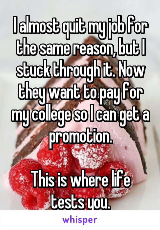 I almost quit my job for the same reason, but I stuck through it. Now they want to pay for my college so I can get a promotion.

This is where life tests you.