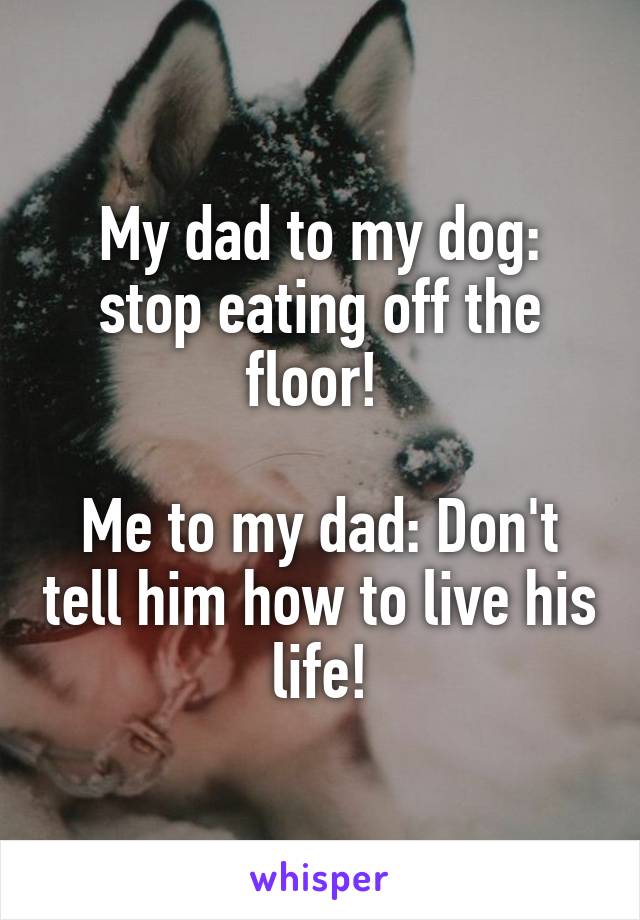 My dad to my dog: stop eating off the floor! 

Me to my dad: Don't tell him how to live his life!