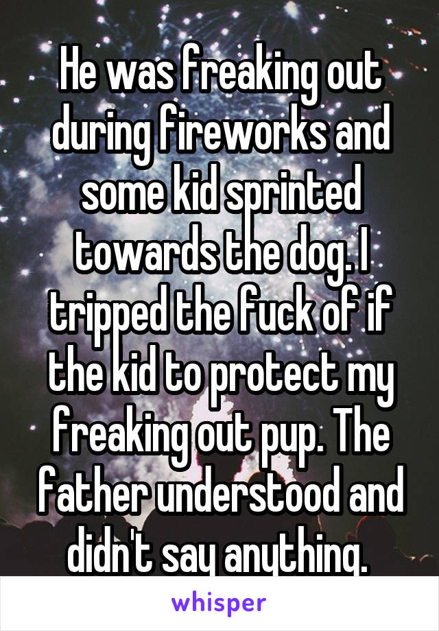 He was freaking out during fireworks and some kid sprinted towards the dog. I tripped the fuck of if the kid to protect my freaking out pup. The father understood and didn't say anything. 