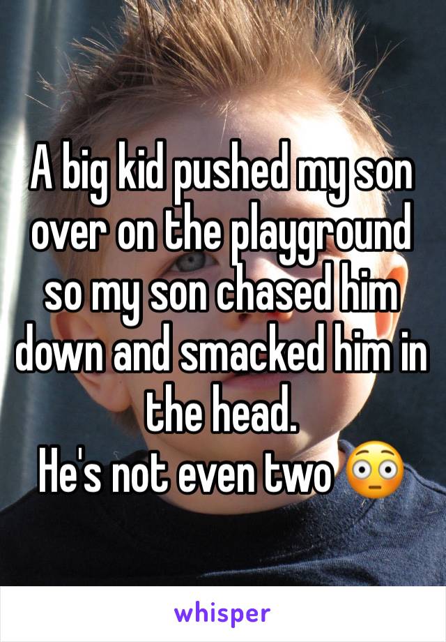 A big kid pushed my son over on the playground so my son chased him down and smacked him in the head. 
He's not even two 😳