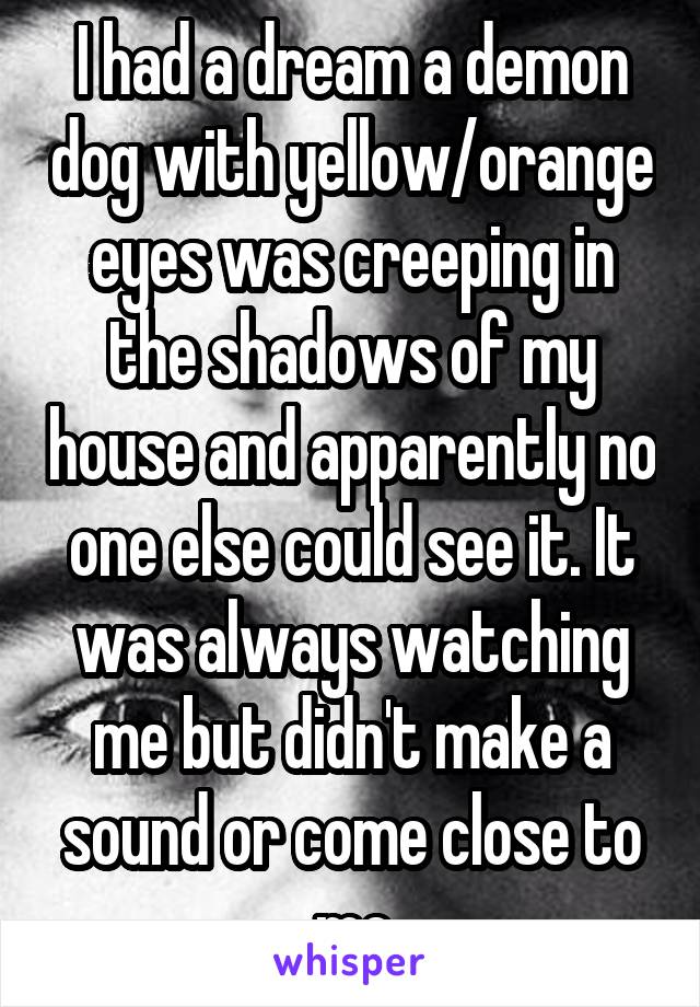 I had a dream a demon dog with yellow/orange eyes was creeping in the shadows of my house and apparently no one else could see it. It was always watching me but didn't make a sound or come close to me