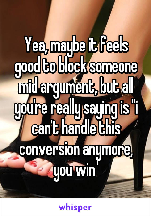 Yea, maybe it feels good to block someone mid argument, but all you're really saying is "i can't handle this conversion anymore, you win"