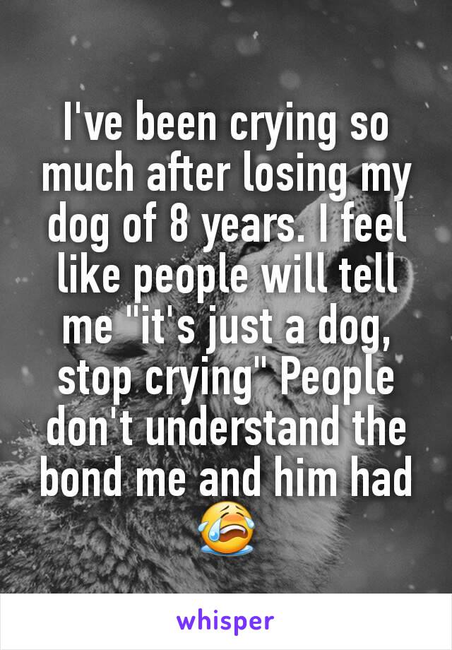 I've been crying so much after losing my dog of 8 years. I feel like people will tell me "it's just a dog, stop crying" People don't understand the bond me and him had 😭