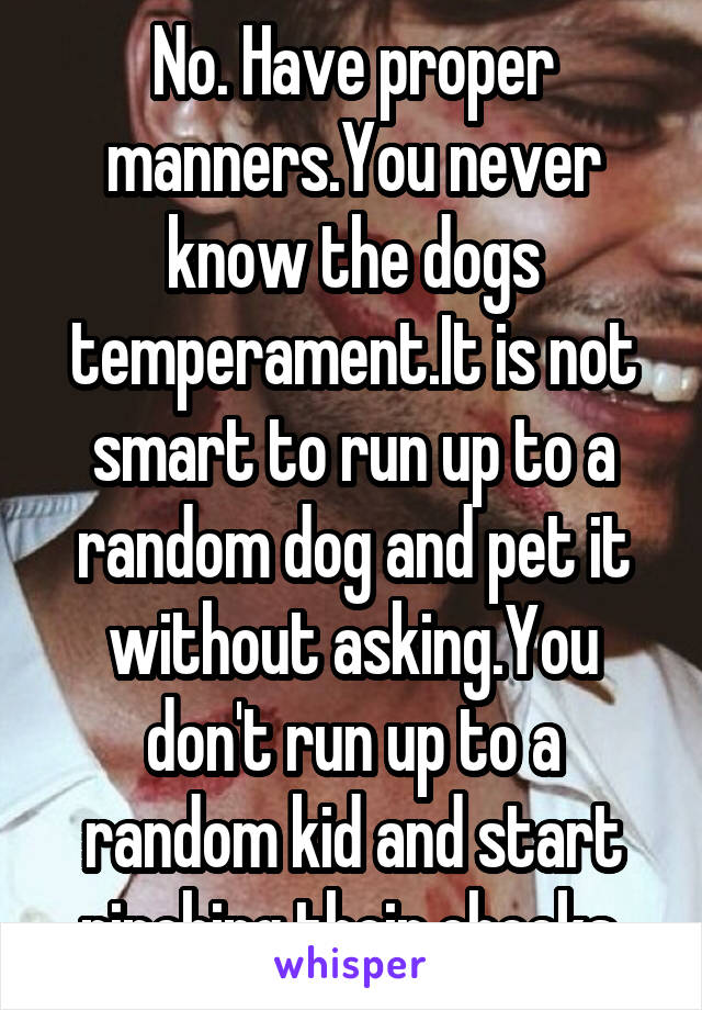 No. Have proper manners.You never know the dogs temperament.It is not smart to run up to a random dog and pet it without asking.You don't run up to a random kid and start pinching their cheeks.
