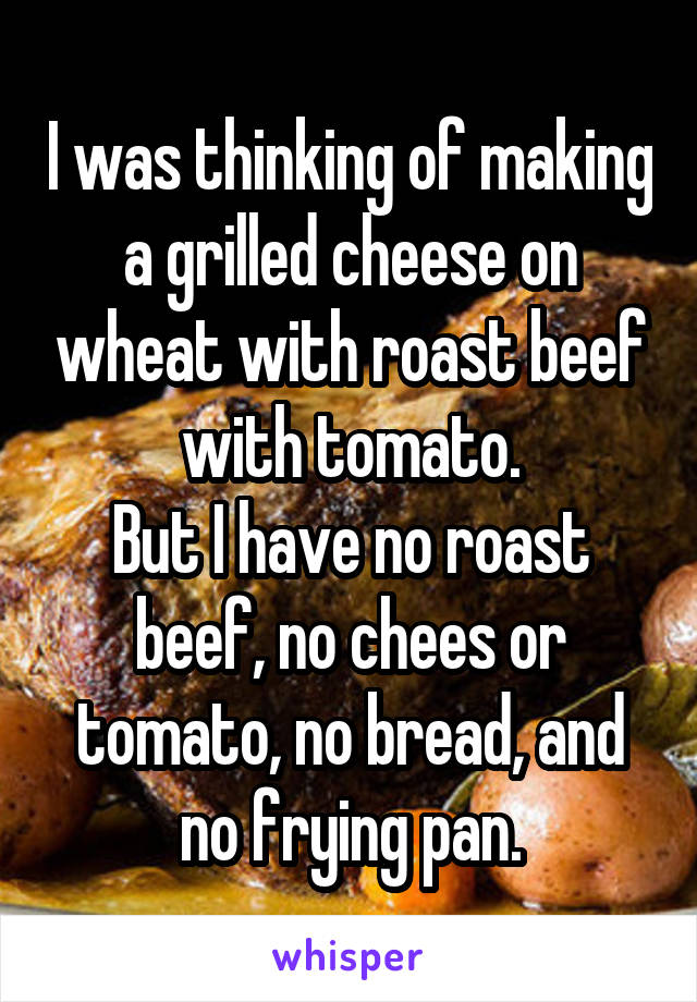 I was thinking of making a grilled cheese on wheat with roast beef with tomato.
But I have no roast beef, no chees or tomato, no bread, and no frying pan.