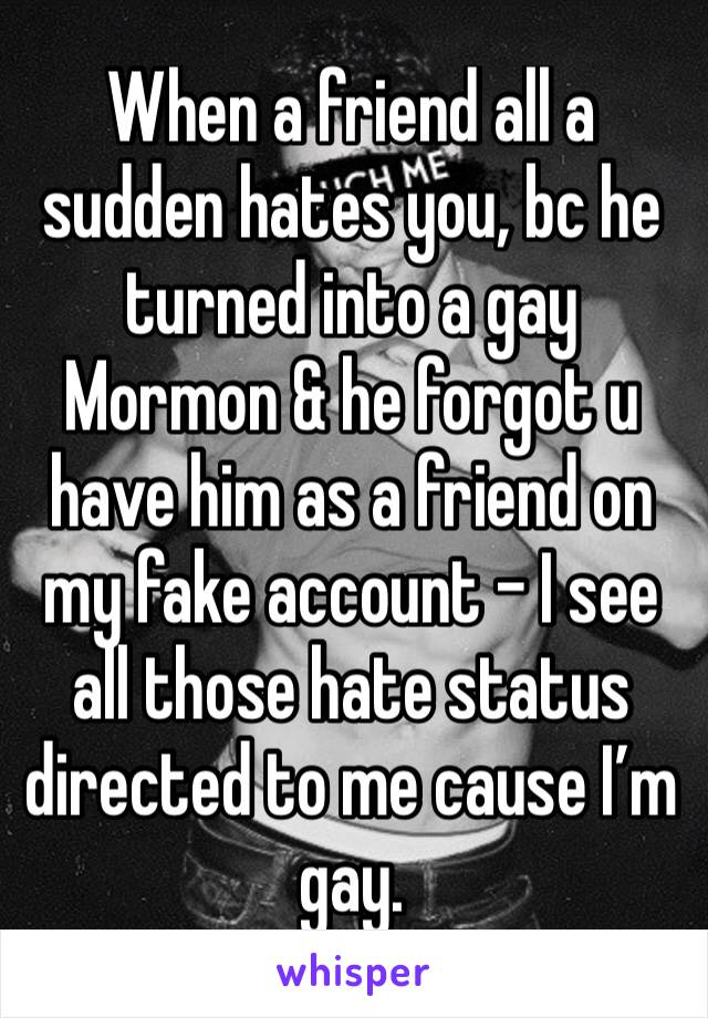 When a friend all a sudden hates you, bc he turned into a gay Mormon & he forgot u have him as a friend on my fake account - I see all those hate status directed to me cause I’m gay. 