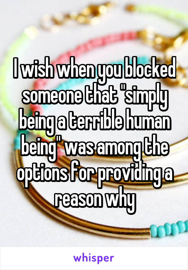 I wish when you blocked someone that "simply being a terrible human being" was among the options for providing a reason why