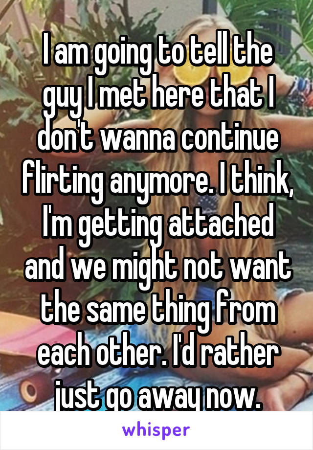 I am going to tell the guy I met here that I don't wanna continue flirting anymore. I think, I'm getting attached and we might not want the same thing from each other. I'd rather just go away now.