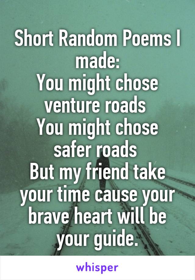 Short Random Poems I made:
You might chose venture roads 
You might chose safer roads 
But my friend take your time cause your brave heart will be your guide.