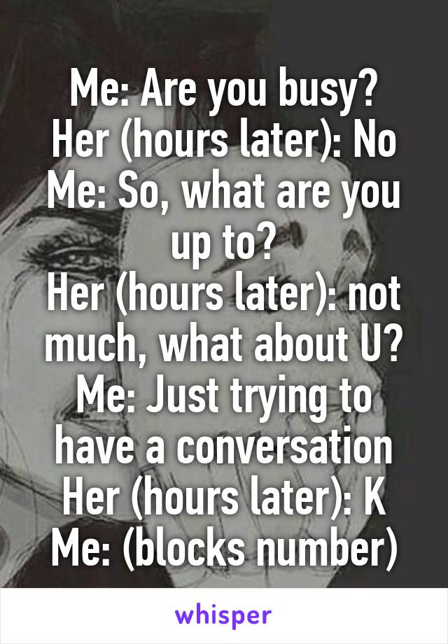 Me: Are you busy?
Her (hours later): No
Me: So, what are you up to?
Her (hours later): not much, what about U?
Me: Just trying to have a conversation
Her (hours later): K
Me: (blocks number)