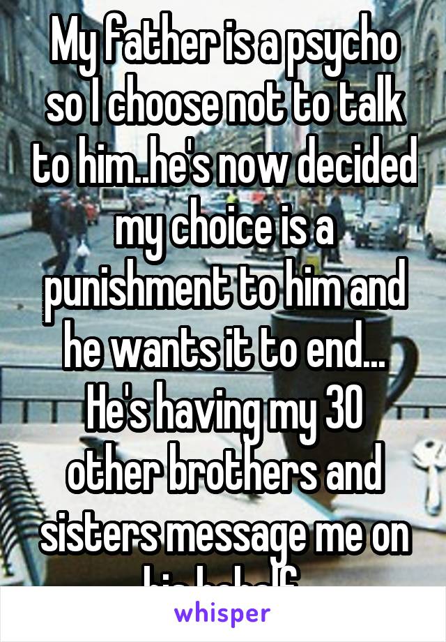 My father is a psycho so I choose not to talk to him..he's now decided my choice is a punishment to him and he wants it to end...
He's having my 30 other brothers and sisters message me on his behalf 