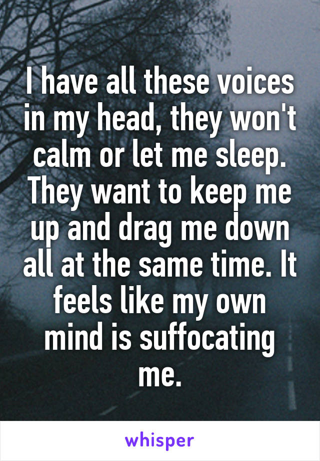 I have all these voices in my head, they won't calm or let me sleep. They want to keep me up and drag me down all at the same time. It feels like my own mind is suffocating me.