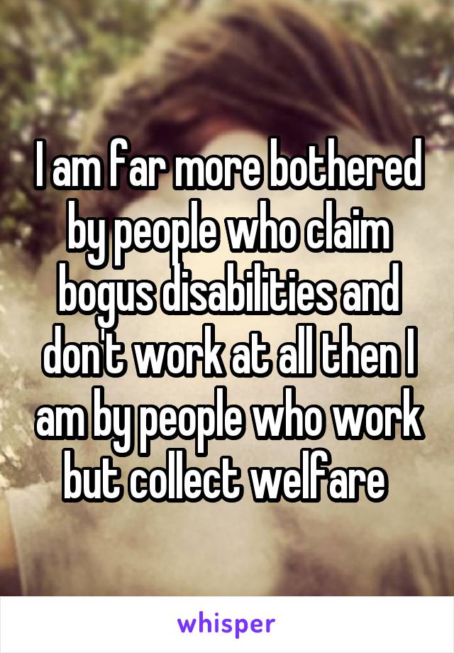 I am far more bothered by people who claim bogus disabilities and don't work at all then I am by people who work but collect welfare 