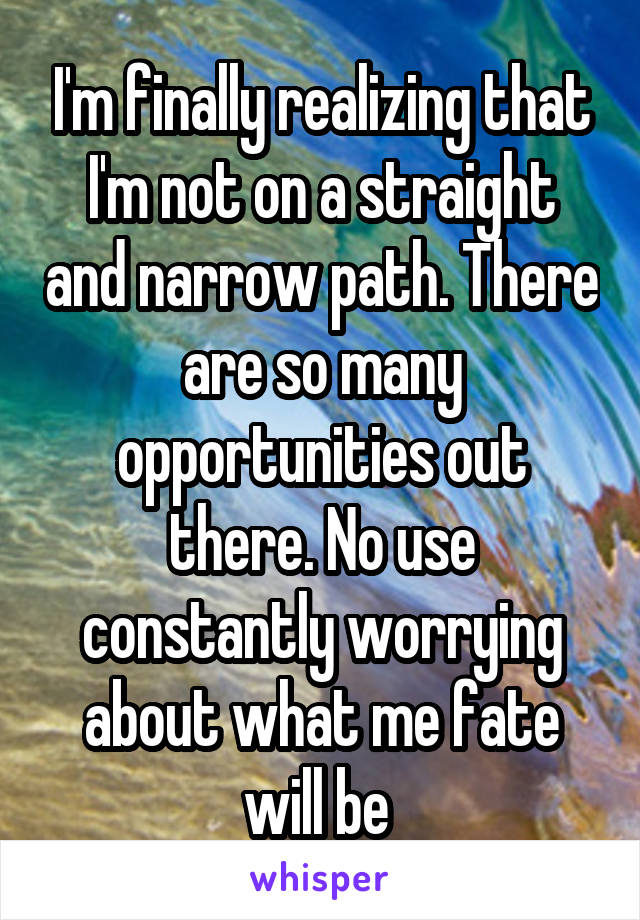 I'm finally realizing that I'm not on a straight and narrow path. There are so many opportunities out there. No use constantly worrying about what me fate will be 