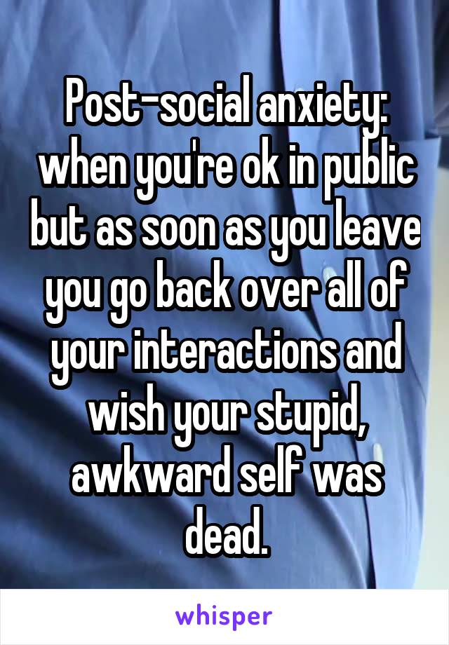 Post-social anxiety: when you're ok in public but as soon as you leave you go back over all of your interactions and wish your stupid, awkward self was dead.