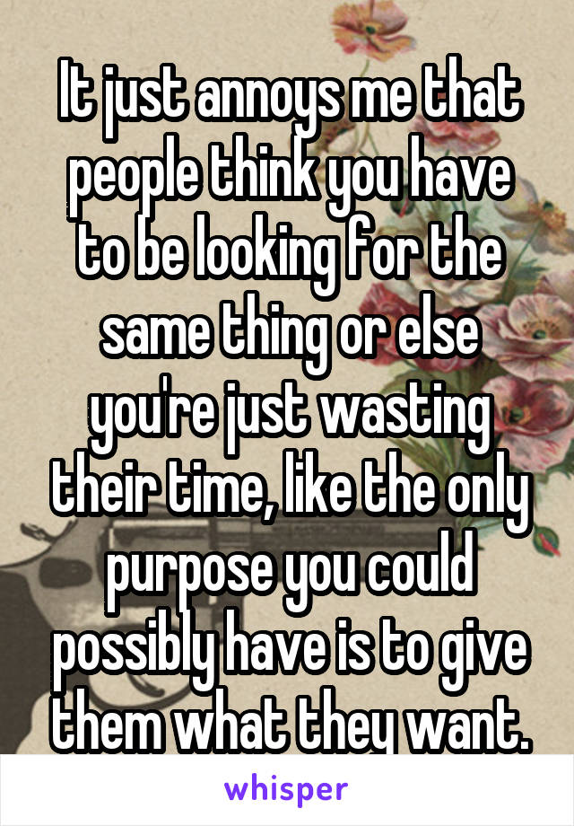 It just annoys me that people think you have to be looking for the same thing or else you're just wasting their time, like the only purpose you could possibly have is to give them what they want.