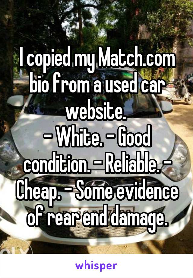 I copied my Match.com bio from a used car website. 
- White. - Good condition. - Reliable. - Cheap. - Some evidence of rear end damage.