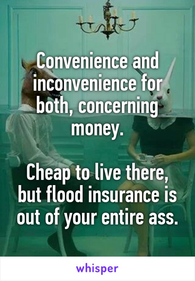 Convenience and inconvenience for both, concerning money.

Cheap to live there, but flood insurance is out of your entire ass.