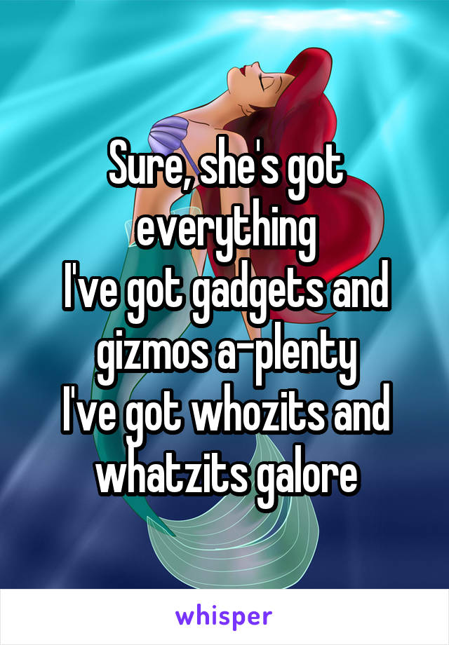 Sure, she's got everything
I've got gadgets and gizmos a-plenty
I've got whozits and whatzits galore