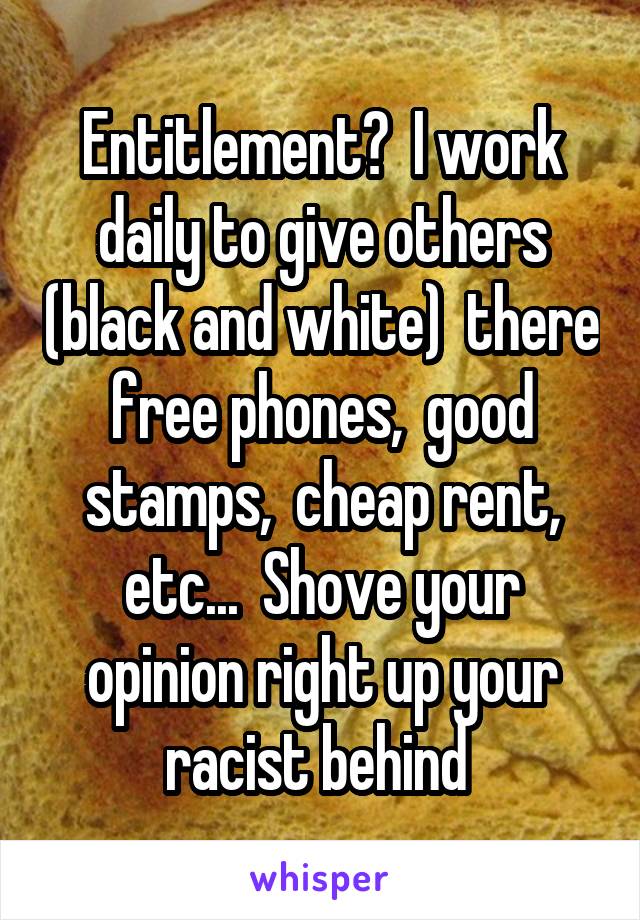 Entitlement?  I work daily to give others (black and white)  there free phones,  good stamps,  cheap rent, etc...  Shove your opinion right up your racist behind 