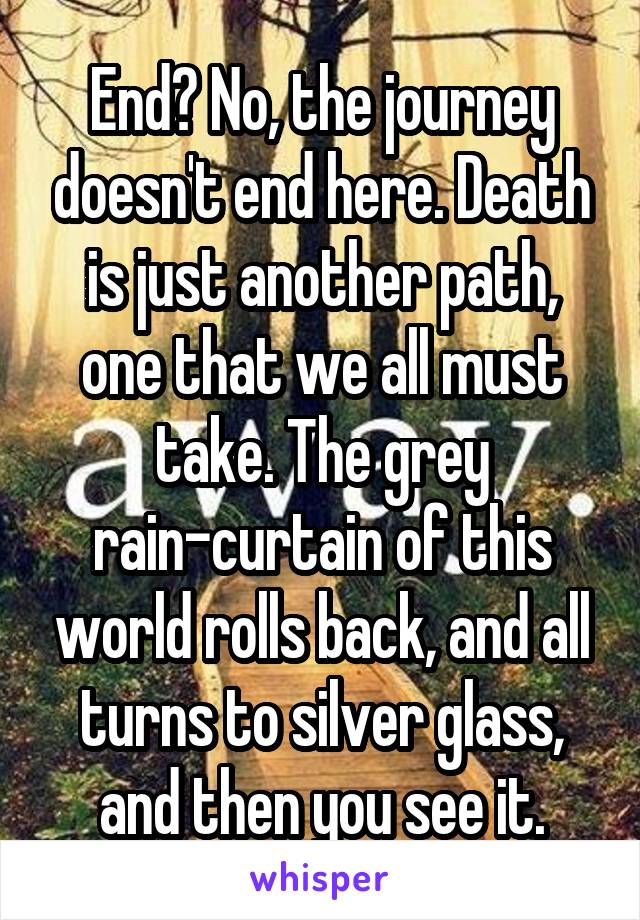 End? No, the journey doesn't end here. Death is just another path, one that we all must take. The grey rain-curtain of this world rolls back, and all turns to silver glass, and then you see it.