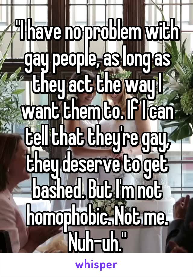 "I have no problem with gay people, as long as they act the way I want them to. If I can tell that they're gay, they deserve to get bashed. But I'm not homophobic. Not me. Nuh-uh."