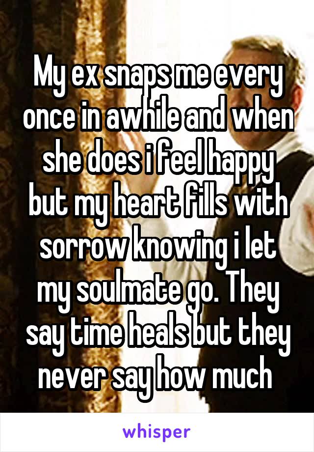 My ex snaps me every once in awhile and when she does i feel happy but my heart fills with sorrow knowing i let my soulmate go. They say time heals but they never say how much 