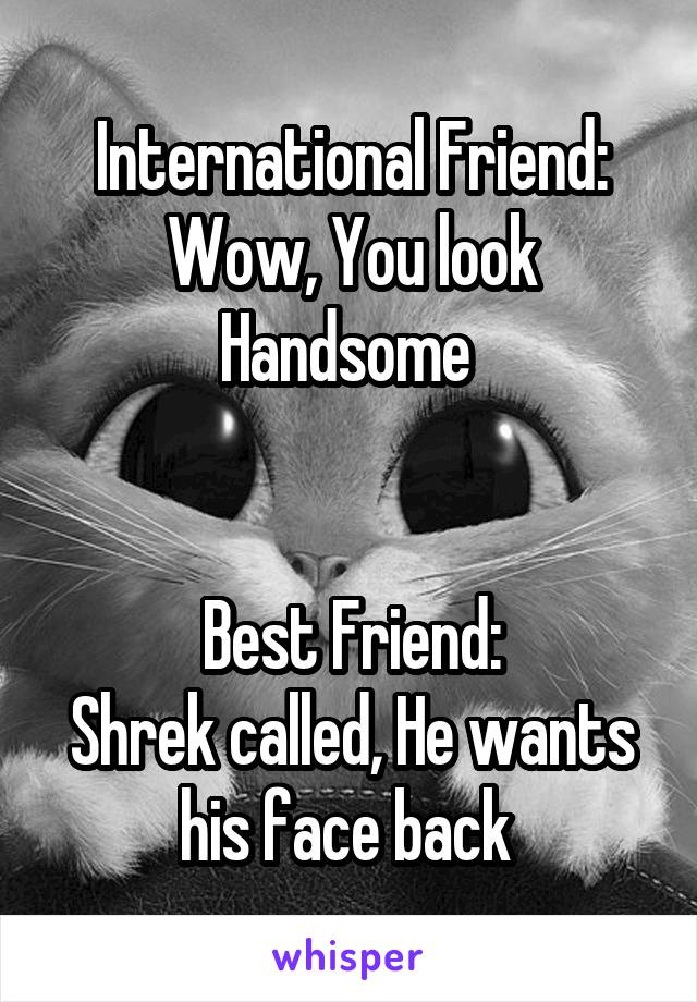 International Friend:
Wow, You look Handsome 


Best Friend:
Shrek called, He wants his face back 