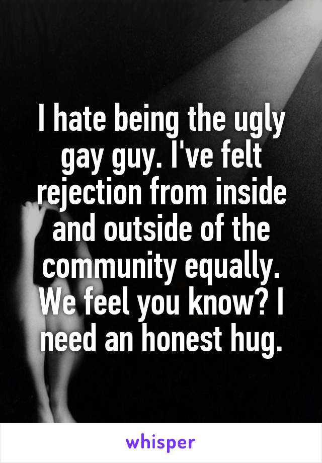 I hate being the ugly gay guy. I've felt rejection from inside and outside of the community equally. We feel you know? I need an honest hug.