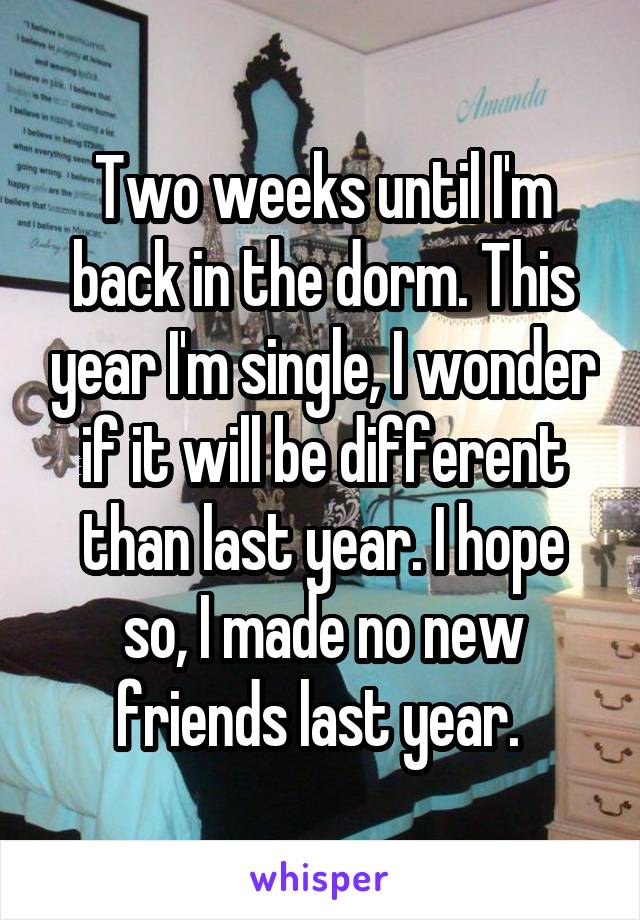 Two weeks until I'm back in the dorm. This year I'm single, I wonder if it will be different than last year. I hope so, I made no new friends last year. 