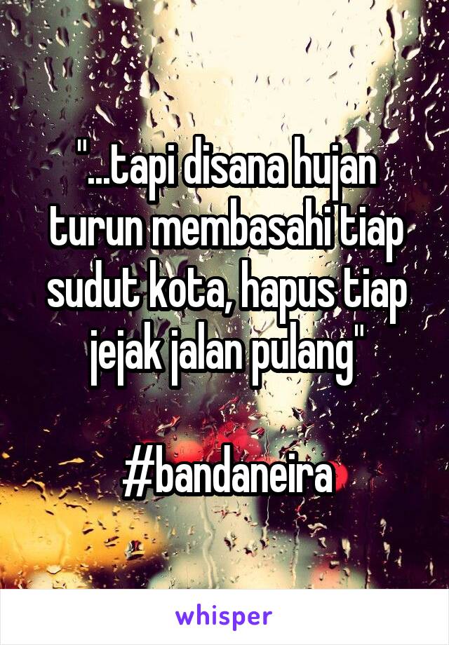 "...tapi disana hujan turun membasahi tiap sudut kota, hapus tiap jejak jalan pulang"

#bandaneira