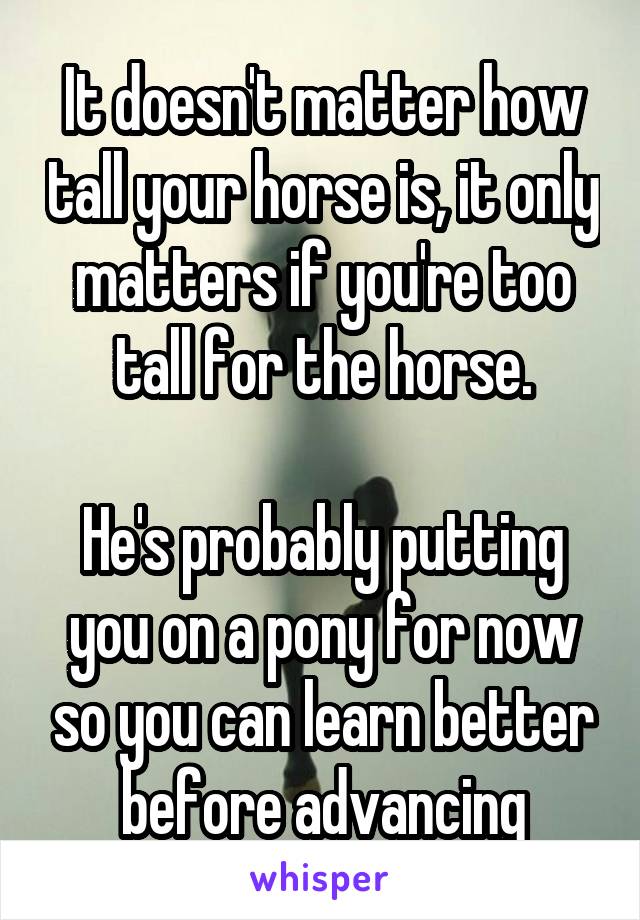 It doesn't matter how tall your horse is, it only matters if you're too tall for the horse.

He's probably putting you on a pony for now so you can learn better before advancing