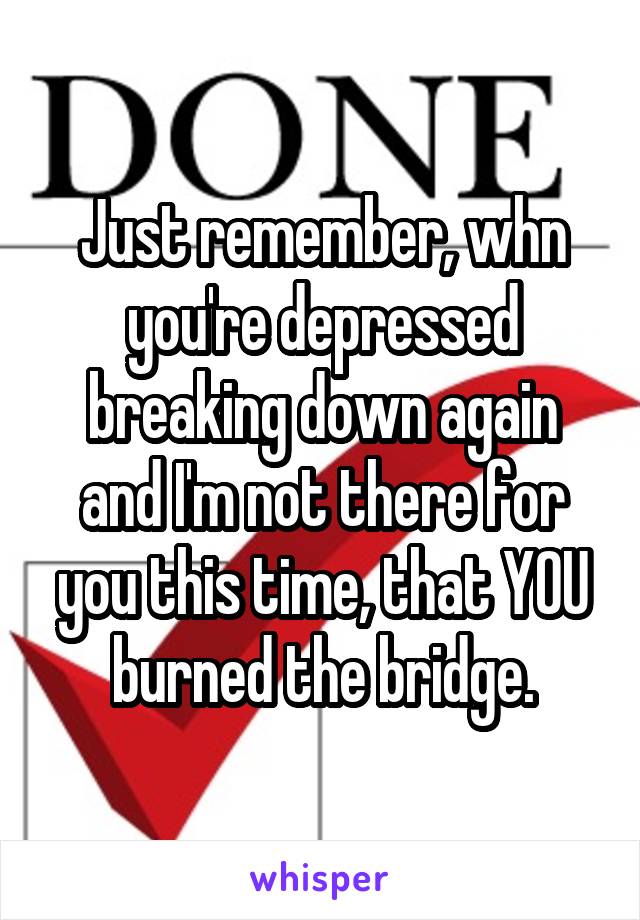 Just remember, whn you're depressed breaking down again and I'm not there for you this time, that YOU burned the bridge.