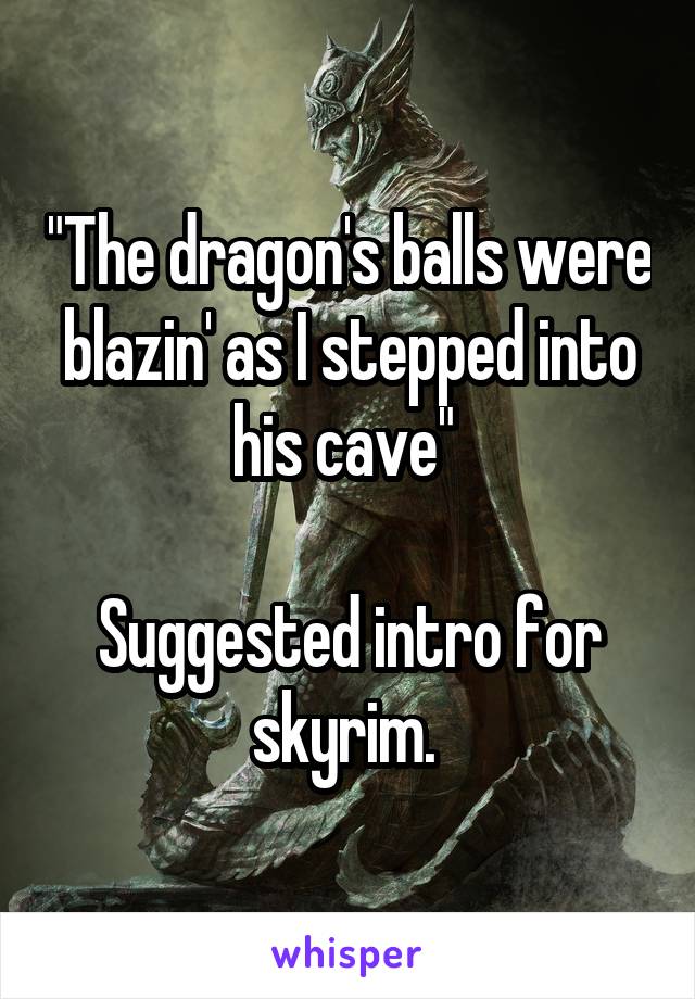 "The dragon's balls were blazin' as I stepped into his cave" 

Suggested intro for skyrim. 