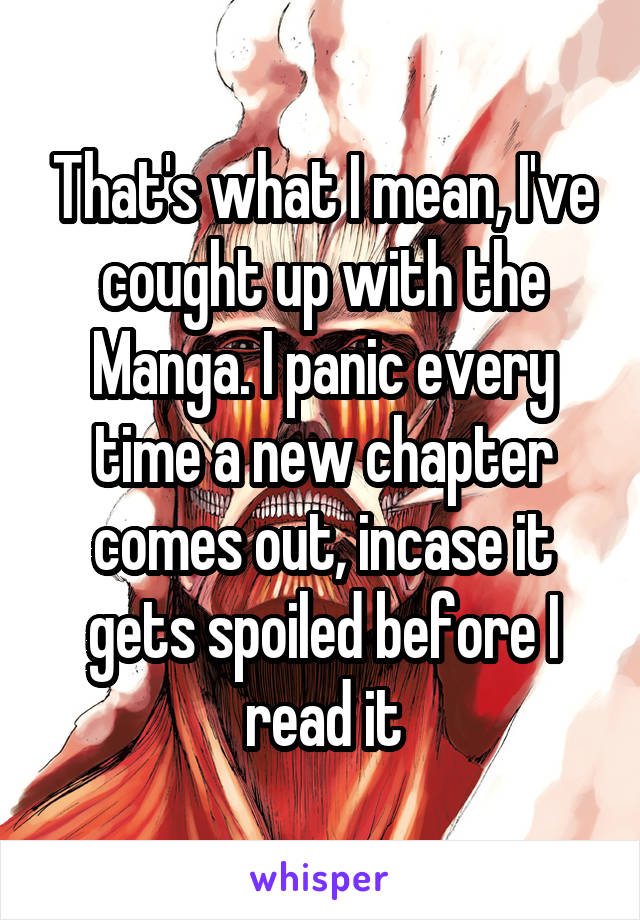 That's what I mean, I've cought up with the Manga. I panic every time a new chapter comes out, incase it gets spoiled before I read it
