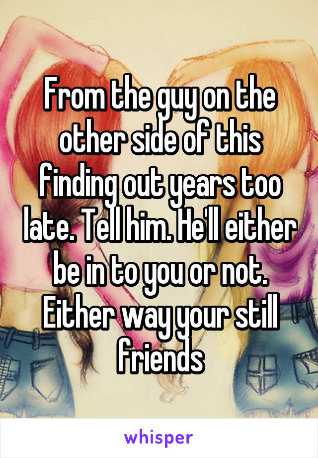From the guy on the other side of this finding out years too late. Tell him. He'll either be in to you or not. Either way your still friends
