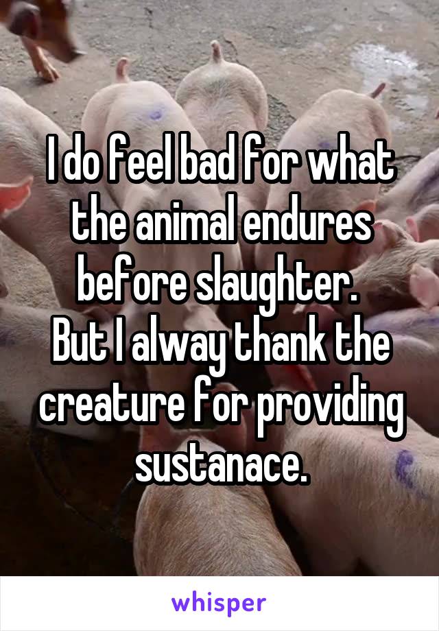 I do feel bad for what the animal endures before slaughter. 
But I alway thank the creature for providing sustanace.