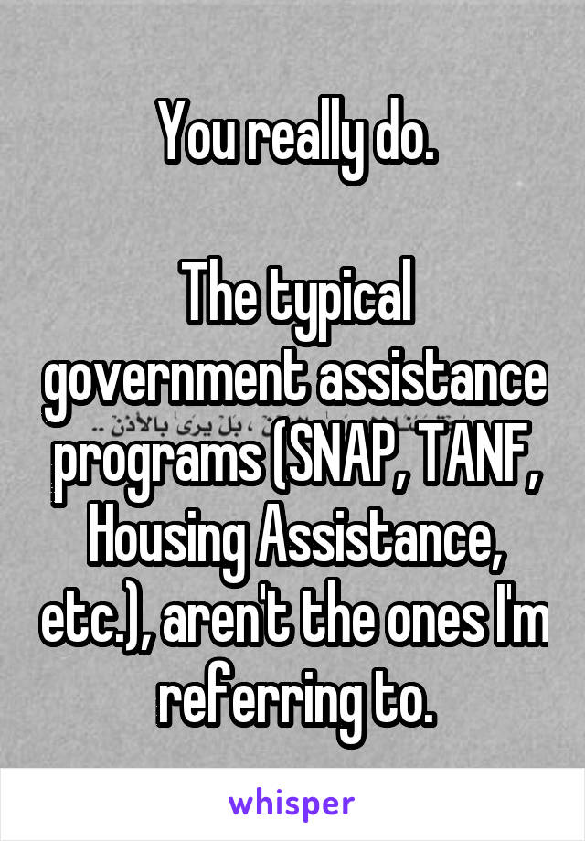 You really do.

The typical government assistance programs (SNAP, TANF, Housing Assistance, etc.), aren't the ones I'm referring to.