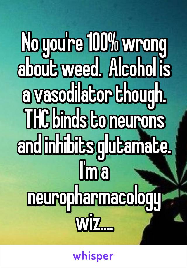 No you're 100% wrong about weed.  Alcohol is a vasodilator though. THC binds to neurons and inhibits glutamate. I'm a neuropharmacology wiz....