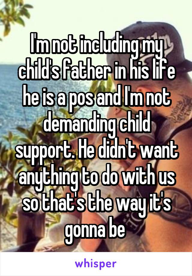I'm not including my child's father in his life he is a pos and I'm not demanding child support. He didn't want anything to do with us so that's the way it's gonna be 
