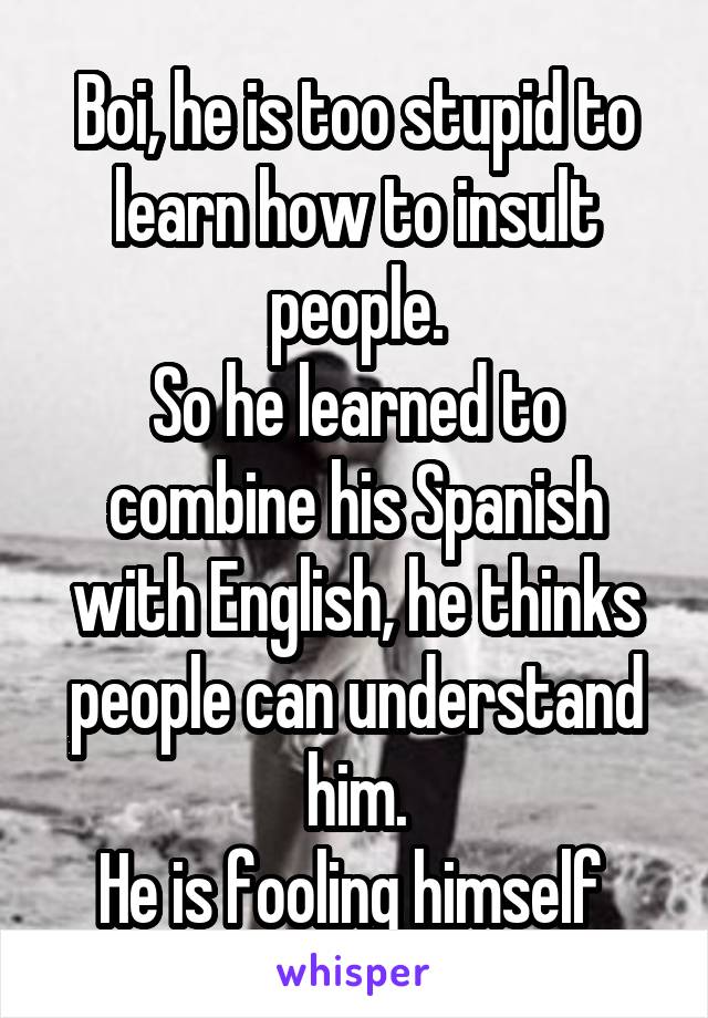 Boi, he is too stupid to learn how to insult people.
So he learned to combine his Spanish with English, he thinks people can understand him.
He is fooling himself 
