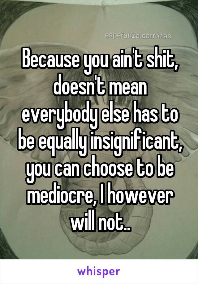 Because you ain't shit, doesn't mean everybody else has to be equally insignificant, you can choose to be mediocre, I however will not..