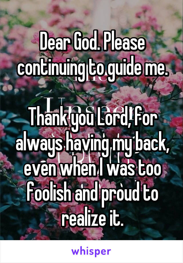 Dear God. Please continuing to guide me.

Thank you Lord, for always having my back, even when I was too foolish and proud to realize it.