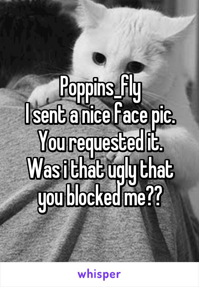 Poppins_fly
I sent a nice face pic. You requested it.
Was i that ugly that you blocked me??