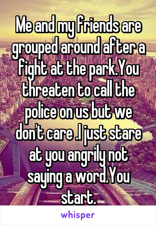 Me and my friends are grouped around after a fight at the park.You threaten to call the police on us but we don't care .I just stare at you angrily not saying a word.You start.