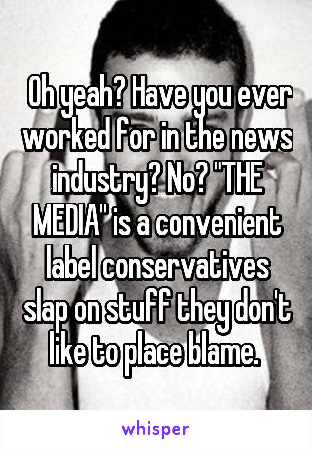  Oh yeah? Have you ever worked for in the news industry? No? "THE MEDIA" is a convenient label conservatives slap on stuff they don't like to place blame. 