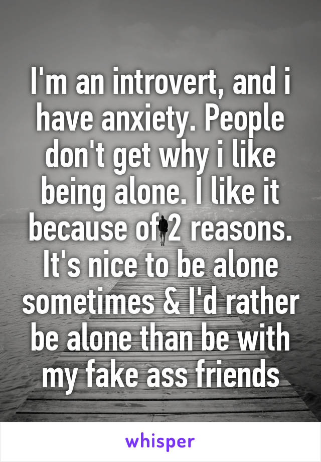 I'm an introvert, and i have anxiety. People don't get why i like being alone. I like it because of 2 reasons. It's nice to be alone sometimes & I'd rather be alone than be with my fake ass friends