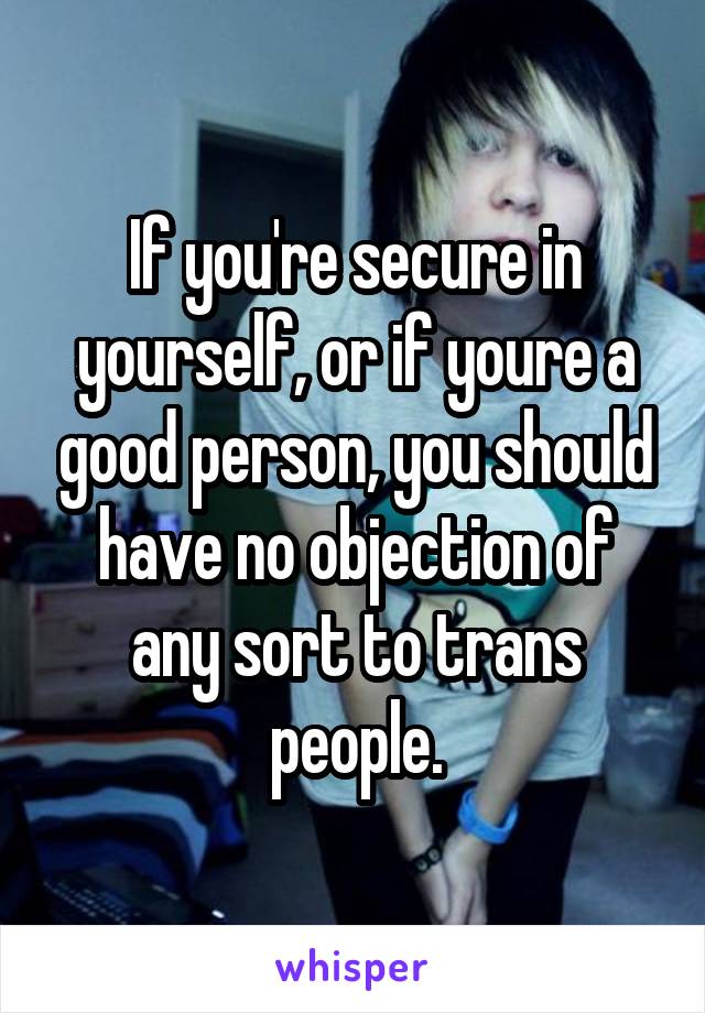 If you're secure in yourself, or if youre a good person, you should have no objection of any sort to trans people.