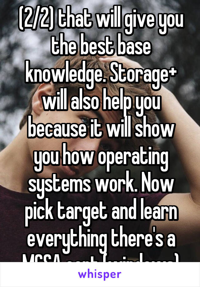 (2/2) that will give you the best base knowledge. Storage+ will also help you because it will show you how operating systems work. Now pick target and learn everything there's a MCSA cert (windows)