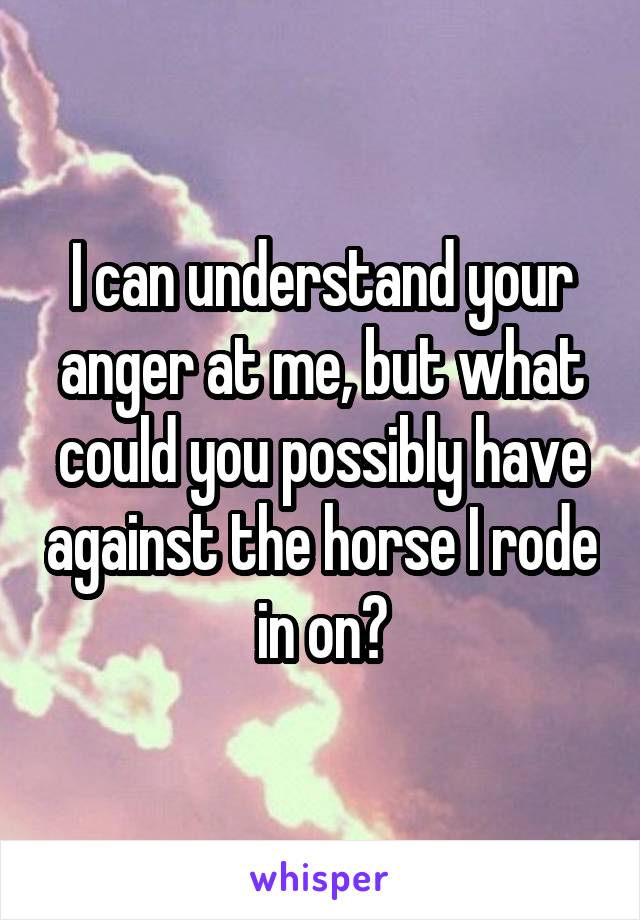 I can understand your anger at me, but what could you possibly have against the horse I rode in on?